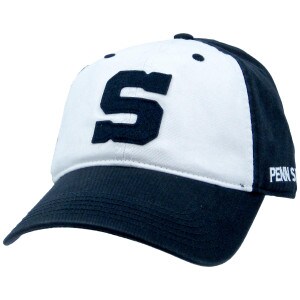 navy hat white front panels with stitched felt block S